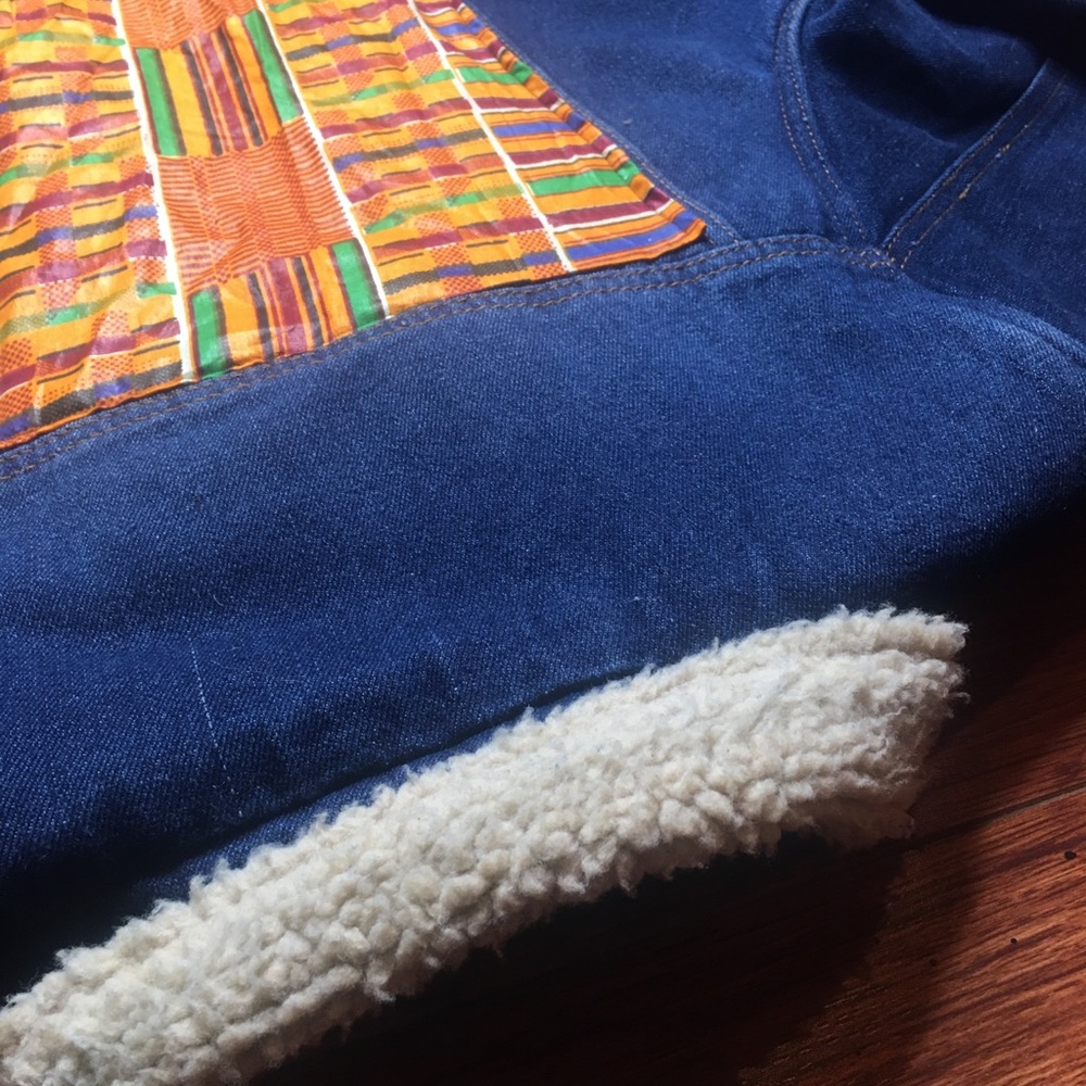Custom Kente print, fleece lined denim Jacket